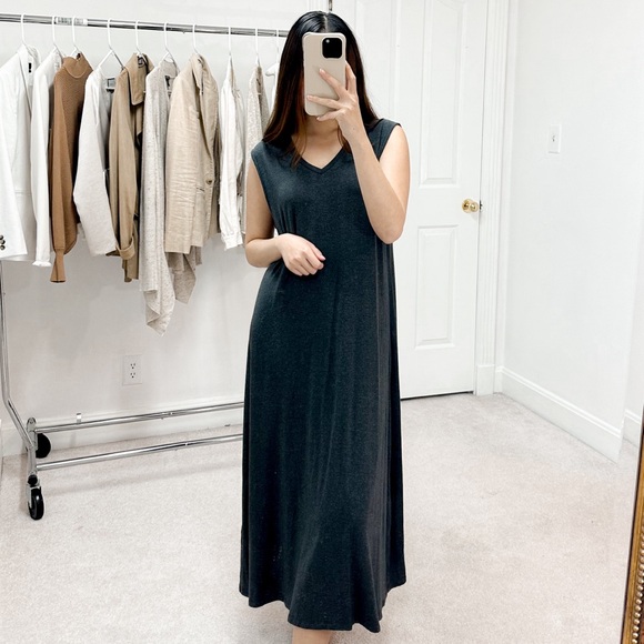 Eileen Fisher Dresses & Skirts - Eileen Fisher Stretch Knit Jersey V-Neck Sleeveless Shift Midi Dress in Grey
